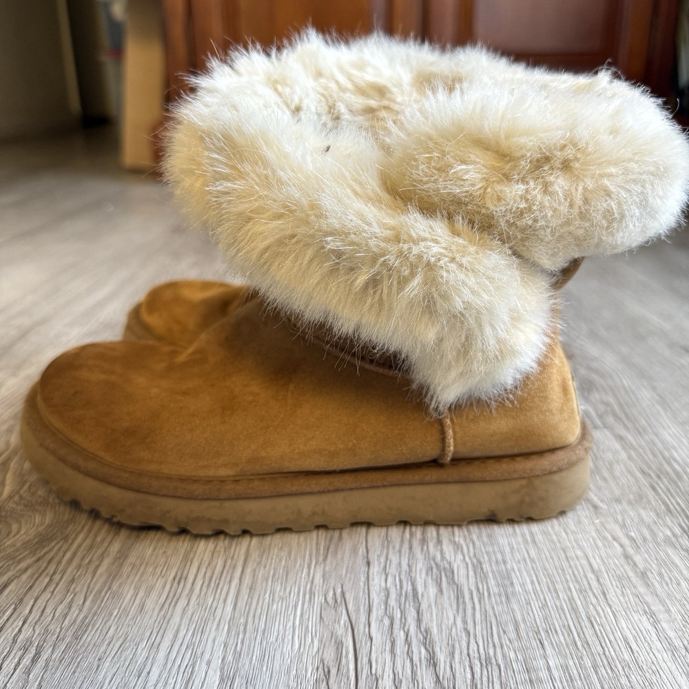 UGG MILLA Women Ankle Boots‎ Suede Exposed Fur Chestnut Brown US 7 Retro Y2K 90s